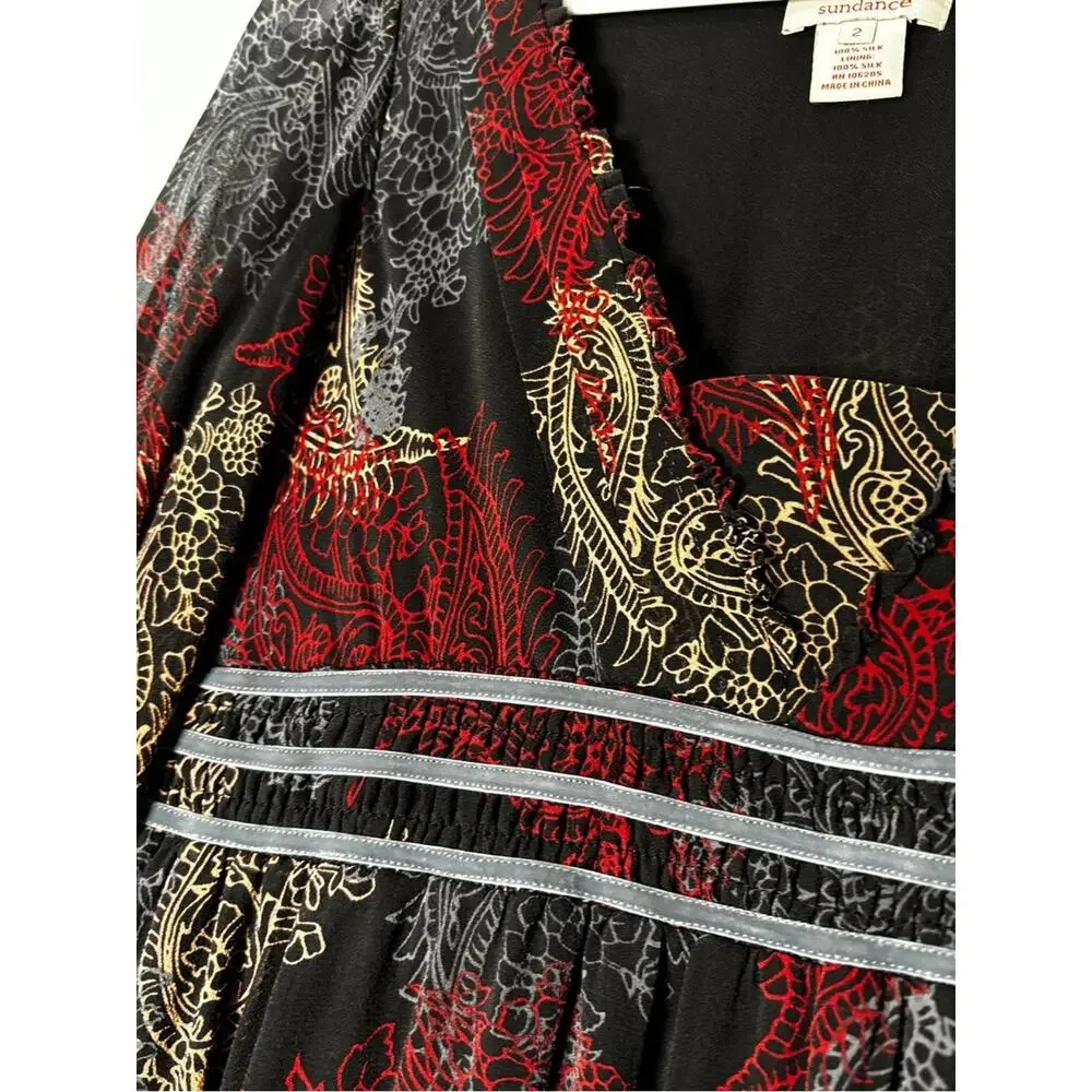 Sundance Black Paisley Print Silk Midi Dress w/ Velvet Ribbon Waistband 2 - Picture 3 of 4